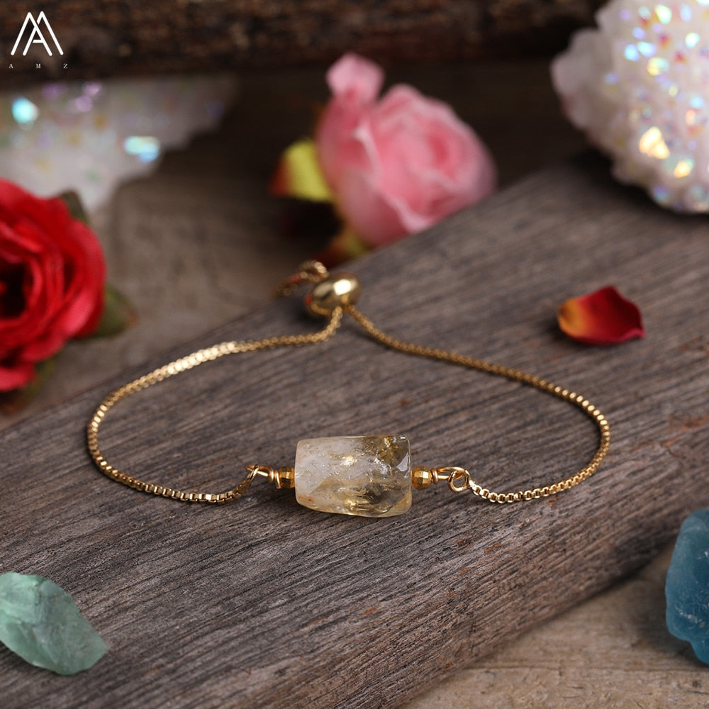 Natural Smooth Gemstone With Gold Chains Bracelet