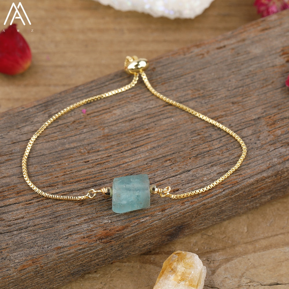 Natural Smooth Gemstone With Gold Chains Bracelet