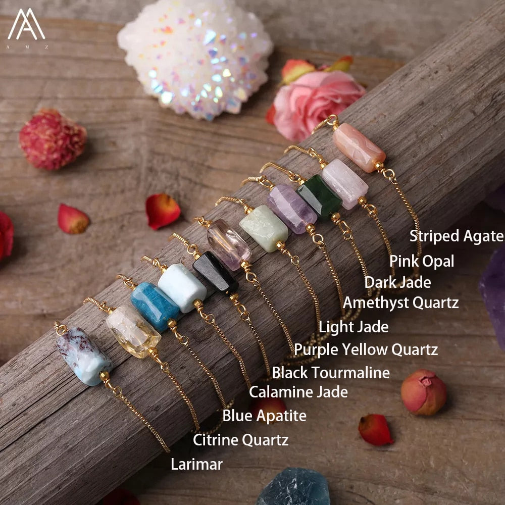 Natural Smooth Gemstone With Gold Chains Bracelet