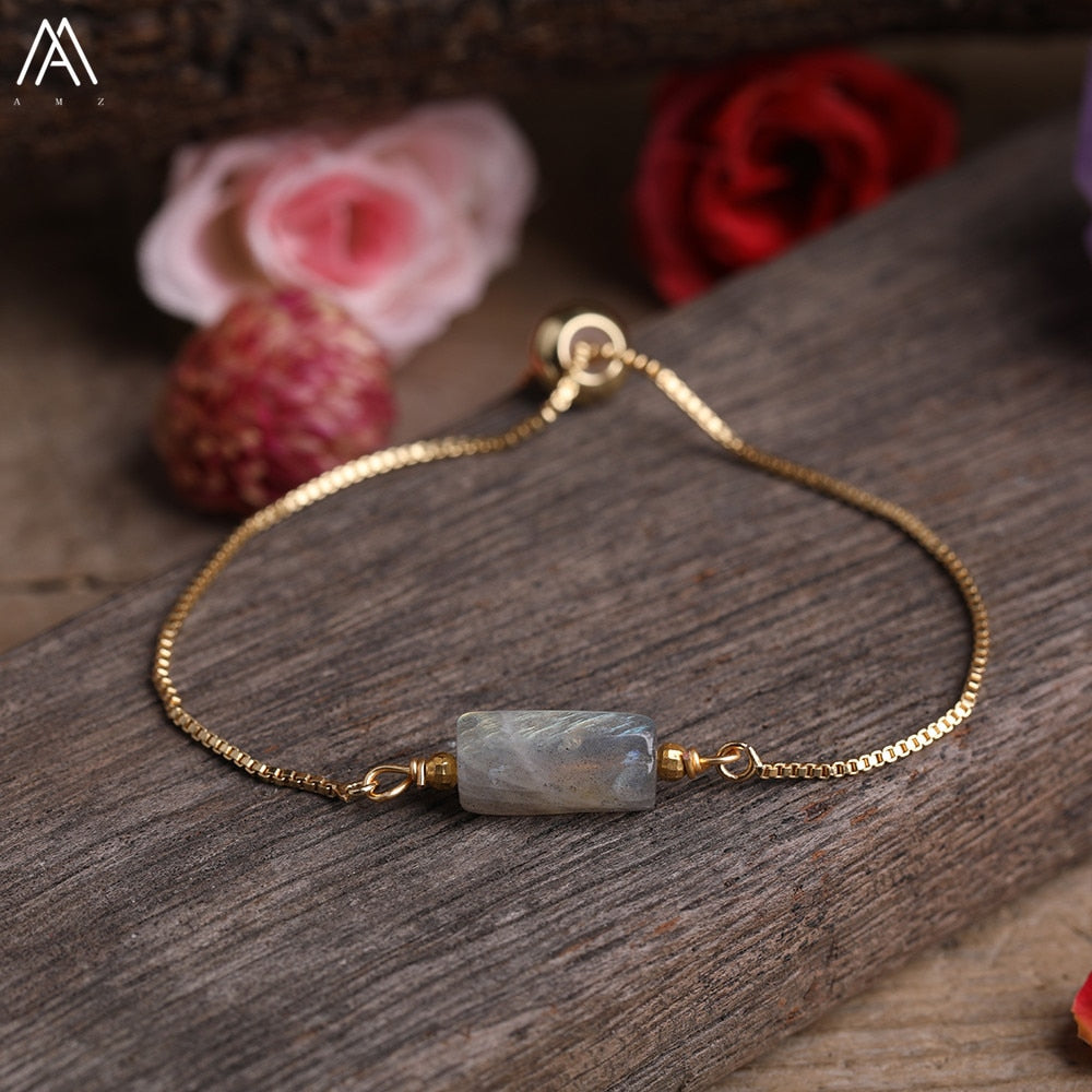 Natural Smooth Gemstone With Gold Chains Bracelet