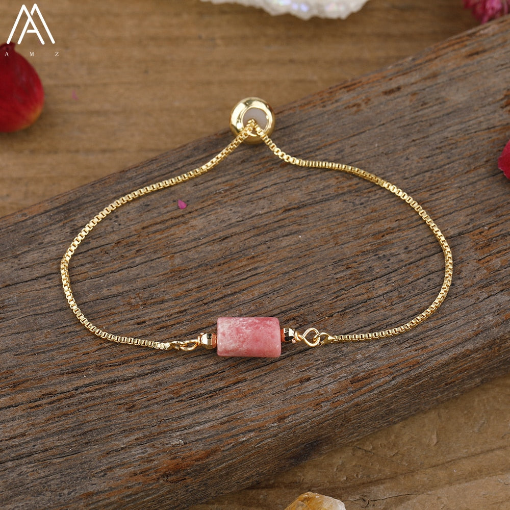 Natural Smooth Gemstone With Gold Chains Bracelet