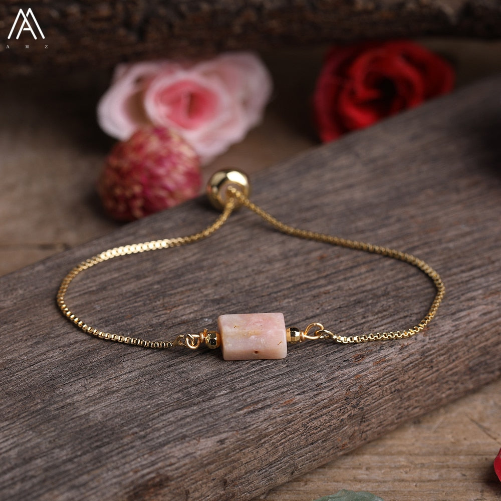 Natural Smooth Gemstone With Gold Chains Bracelet