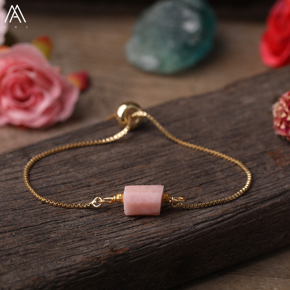 Natural Smooth Gemstone With Gold Chains Bracelet