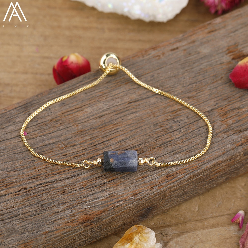 Natural Smooth Gemstone With Gold Chains Bracelet