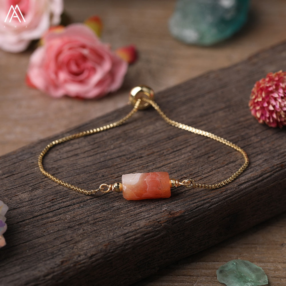 Natural Smooth Gemstone With Gold Chains Bracelet