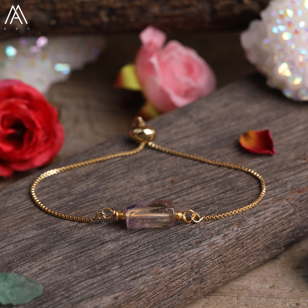 Natural Smooth Gemstone With Gold Chains Bracelet