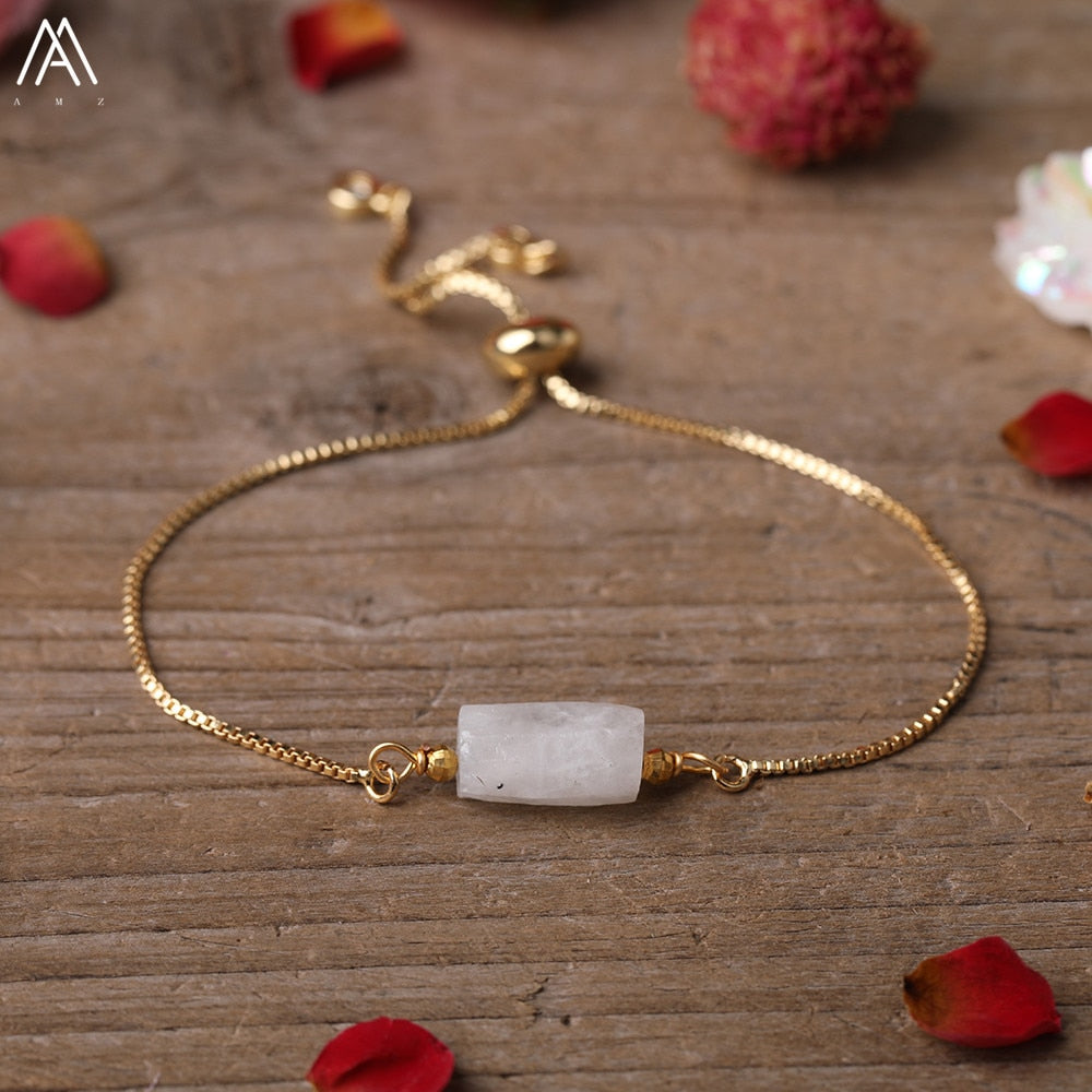 Natural Smooth Gemstone With Gold Chains Bracelet