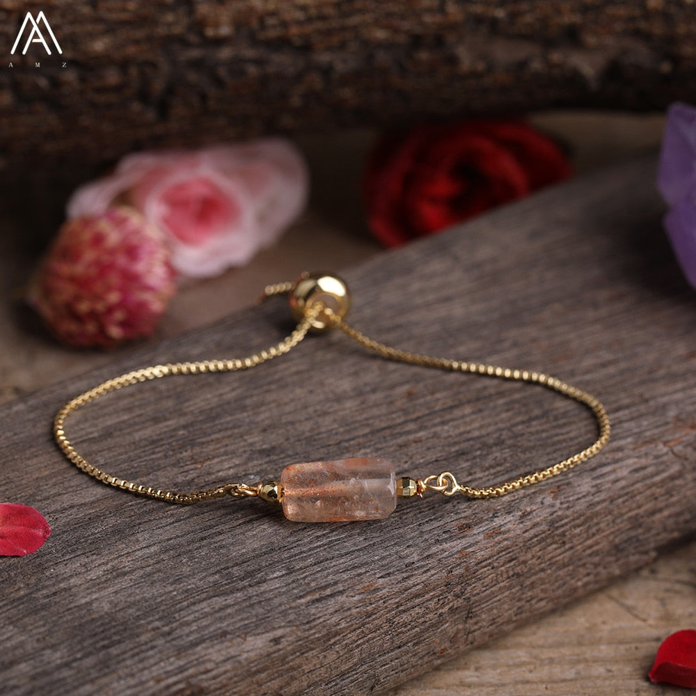 Natural Smooth Gemstone With Gold Chains Bracelet