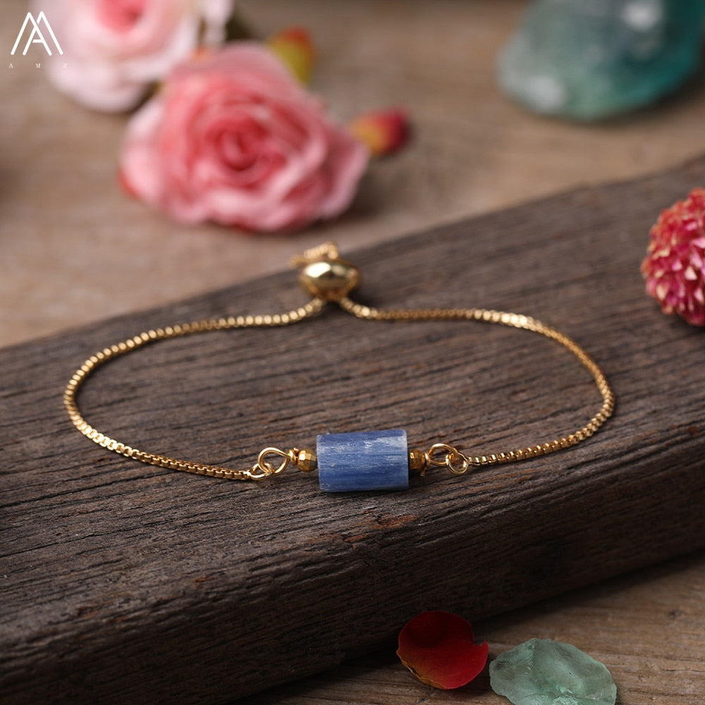 Natural Smooth Gemstone With Gold Chains Bracelet