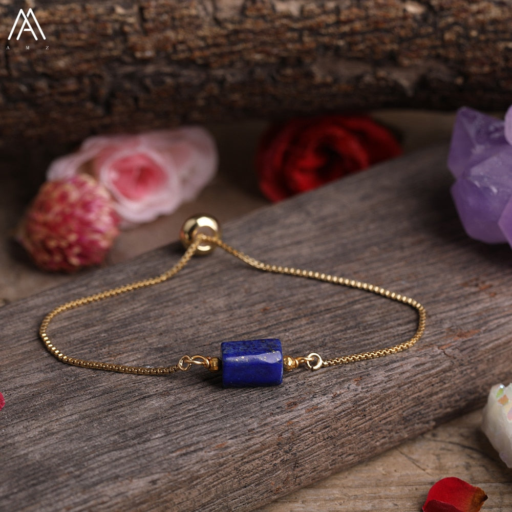 Natural Smooth Gemstone With Gold Chains Bracelet
