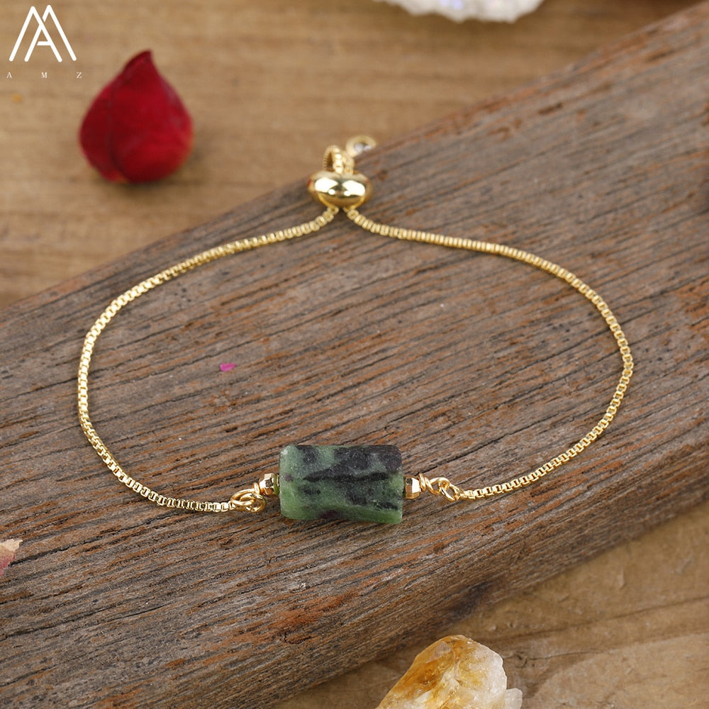 Natural Smooth Gemstone With Gold Chains Bracelet