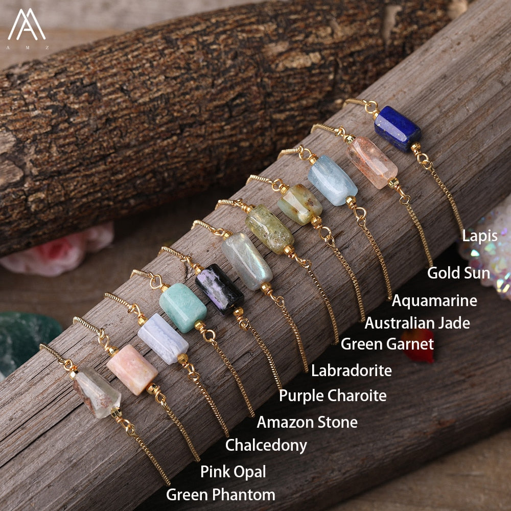 Natural Smooth Gemstone With Gold Chains Bracelet