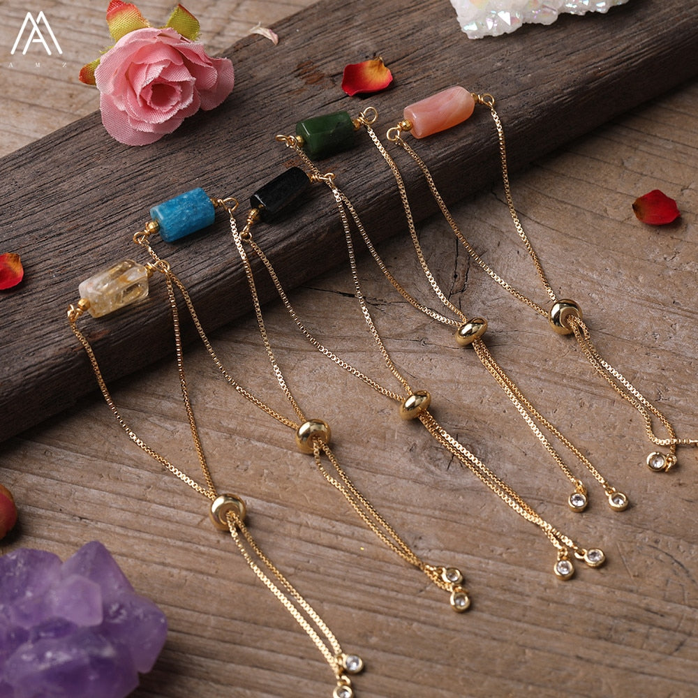Natural Smooth Gemstone With Gold Chains Bracelet