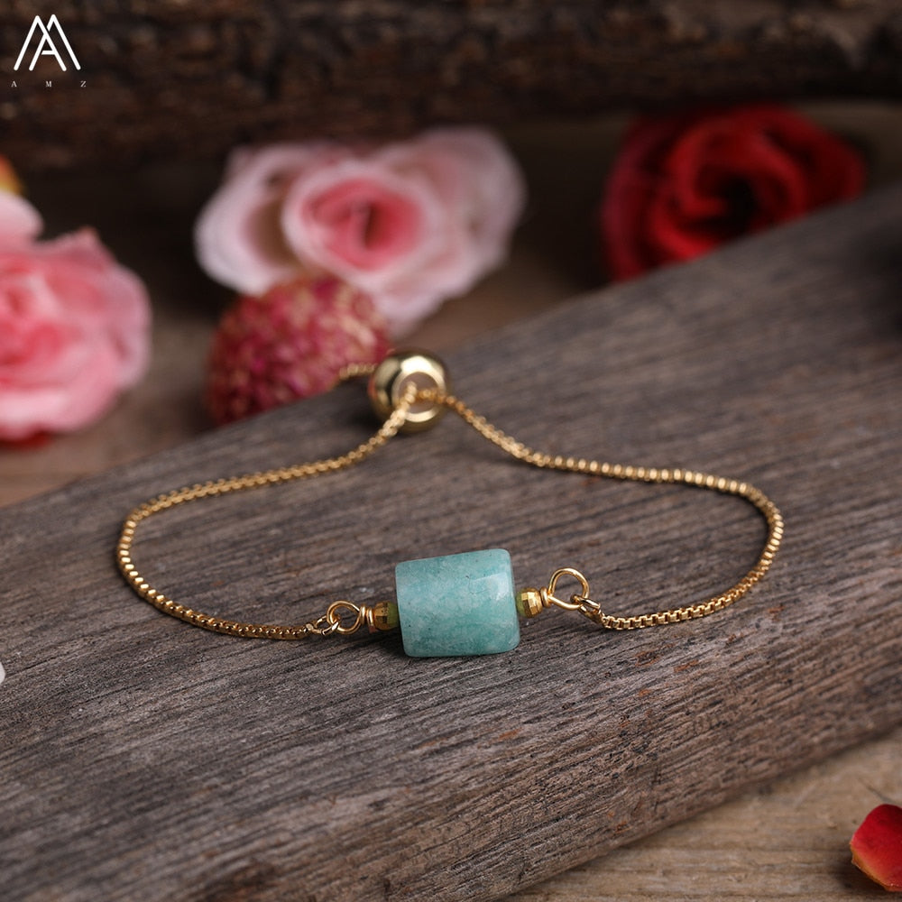Natural Smooth Gemstone With Gold Chains Bracelet