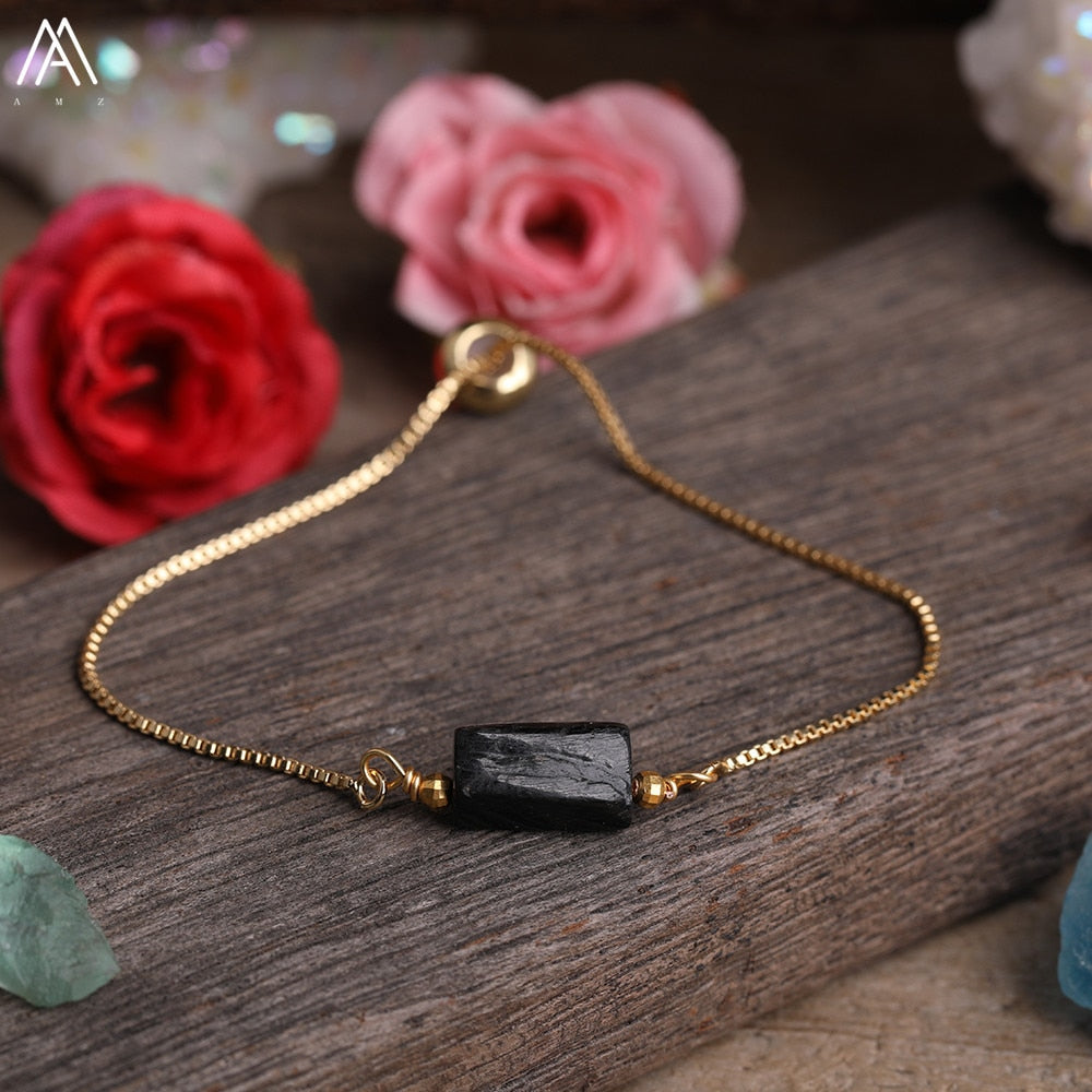 Natural Smooth Gemstone With Gold Chains Bracelet