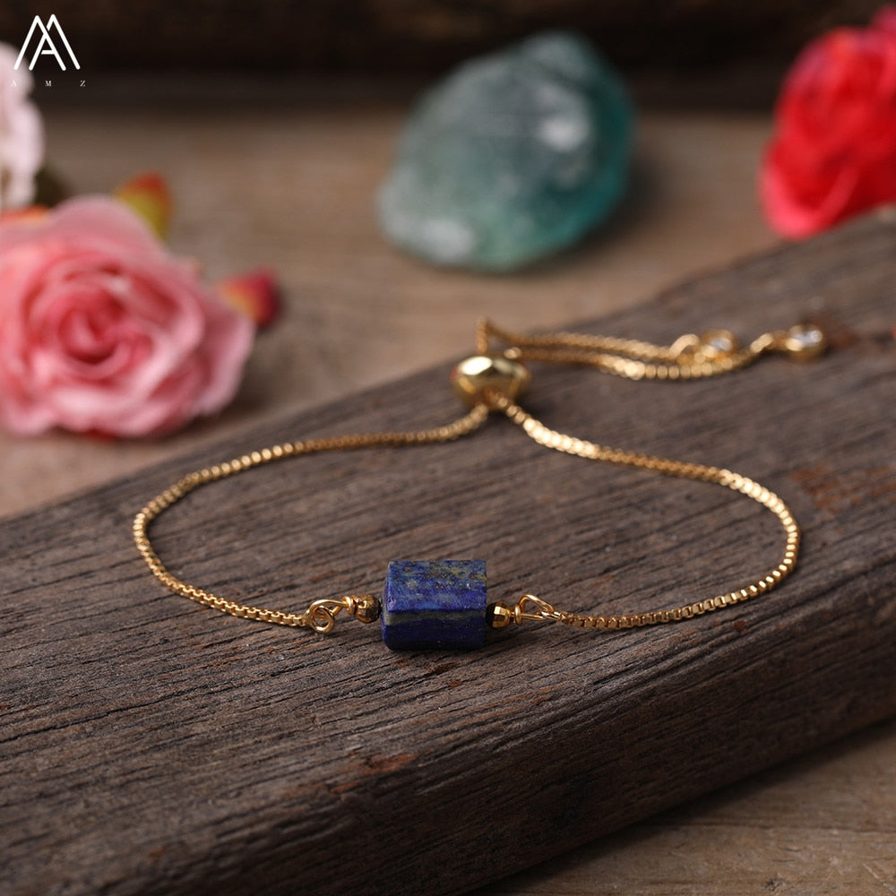 Natural Smooth Gemstone With Gold Chains Bracelet