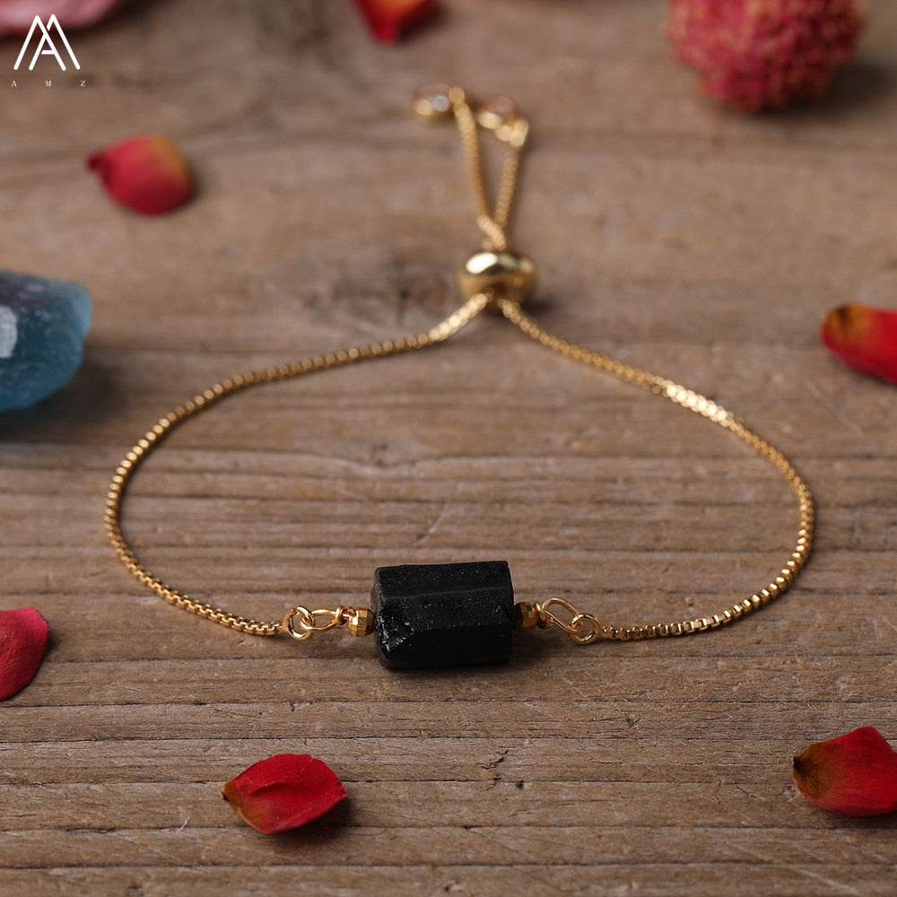 Natural Smooth Gemstone With Gold Chains Bracelet