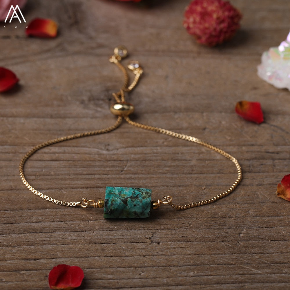 Natural Smooth Gemstone With Gold Chains Bracelet