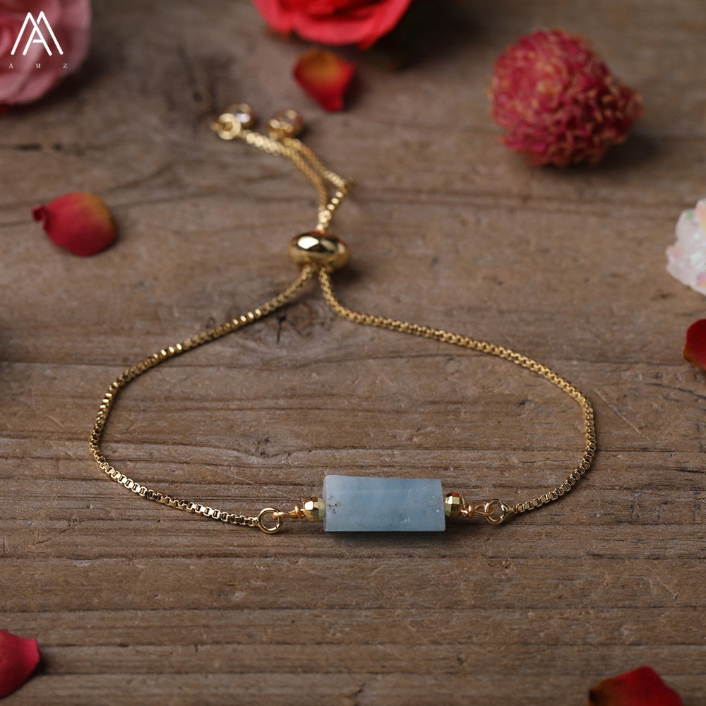 Natural Smooth Gemstone With Gold Chains Bracelet