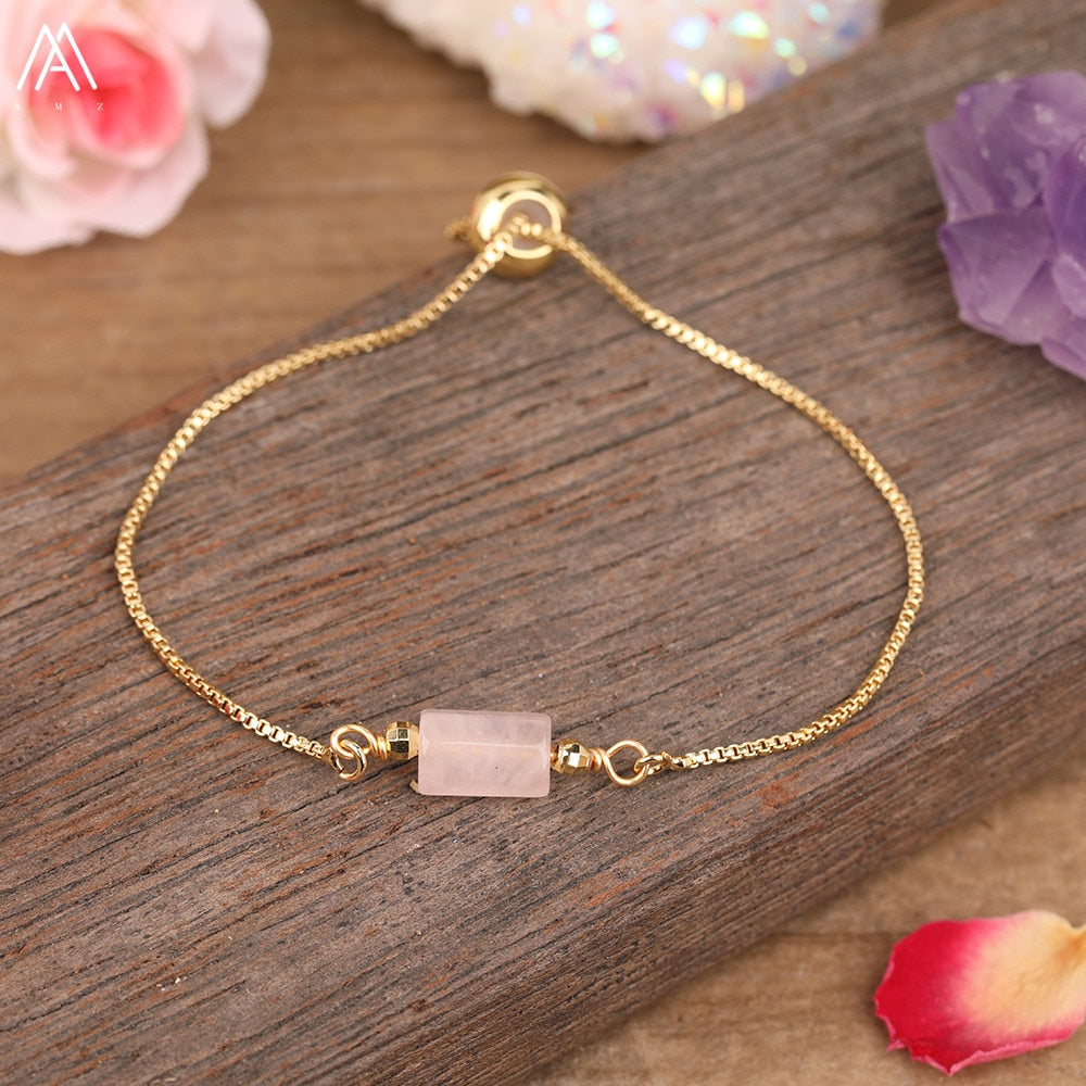 Natural Smooth Gemstone With Gold Chains Bracelet