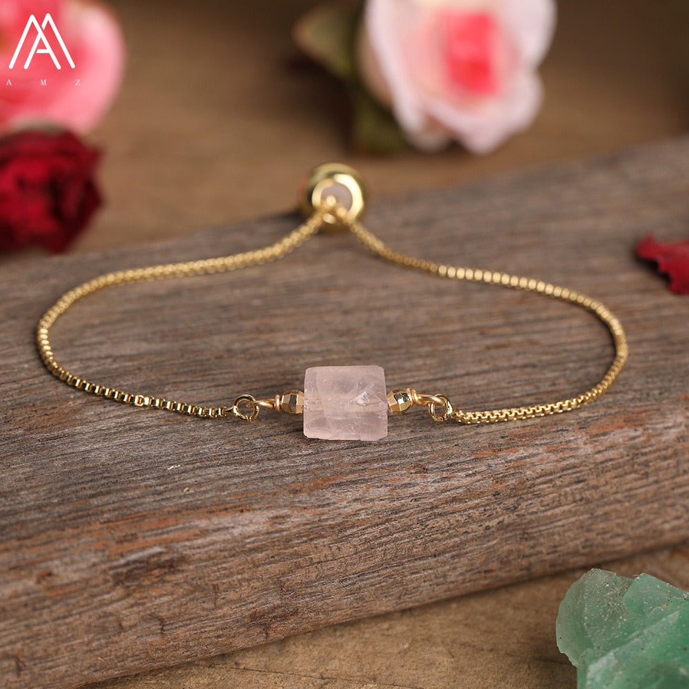 Natural Smooth Gemstone With Gold Chains Bracelet