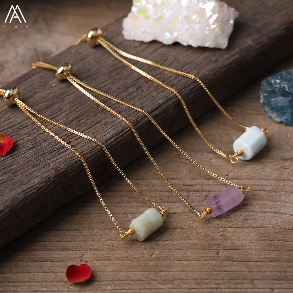 Natural Smooth Gemstone With Gold Chains Bracelet