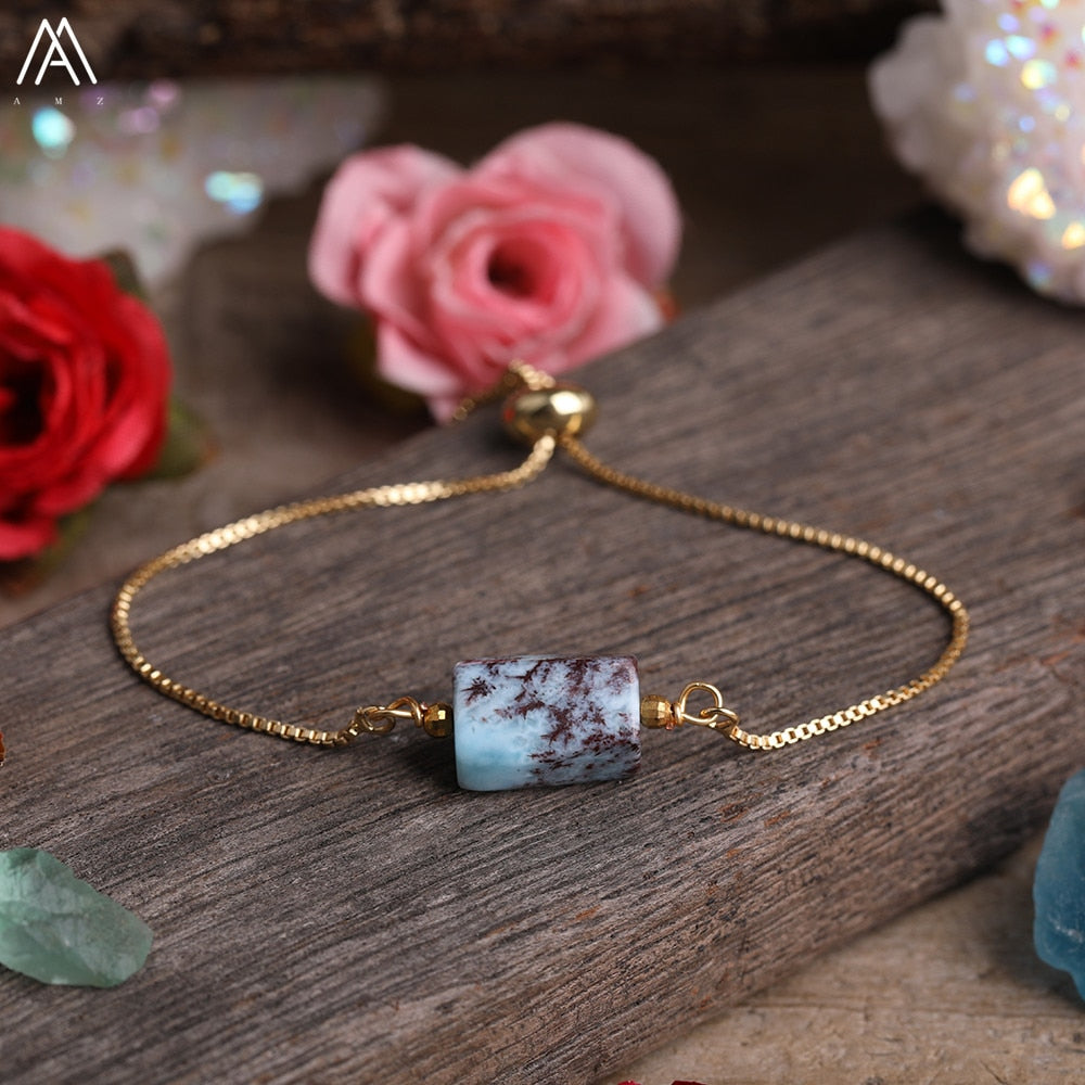 Natural Smooth Gemstone With Gold Chains Bracelet