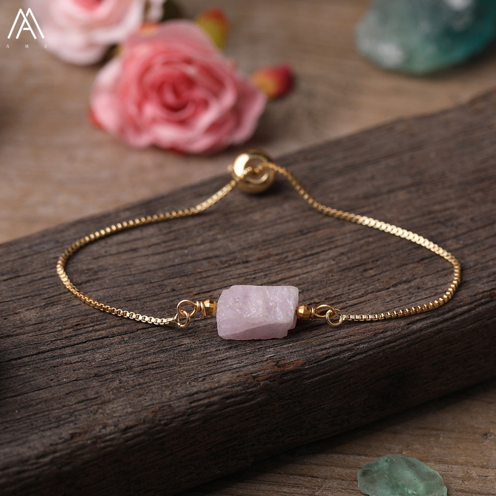 Natural Smooth Gemstone With Gold Chains Bracelet