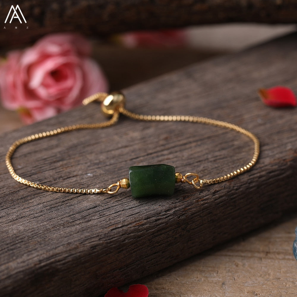 Natural Smooth Gemstone With Gold Chains Bracelet