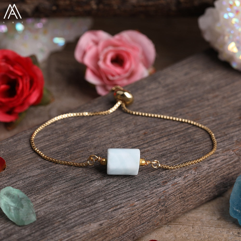 Natural Smooth Gemstone With Gold Chains Bracelet