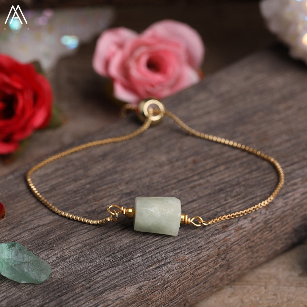 Natural Smooth Gemstone With Gold Chains Bracelet