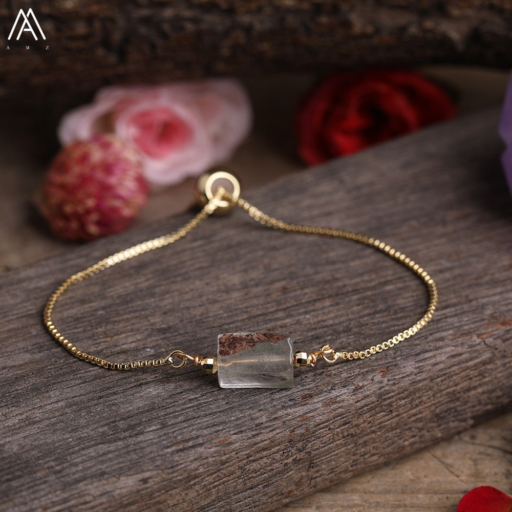Natural Smooth Gemstone With Gold Chains Bracelet