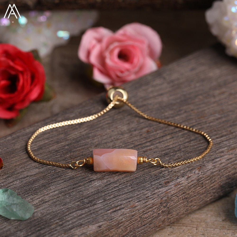Natural Smooth Gemstone With Gold Chains Bracelet