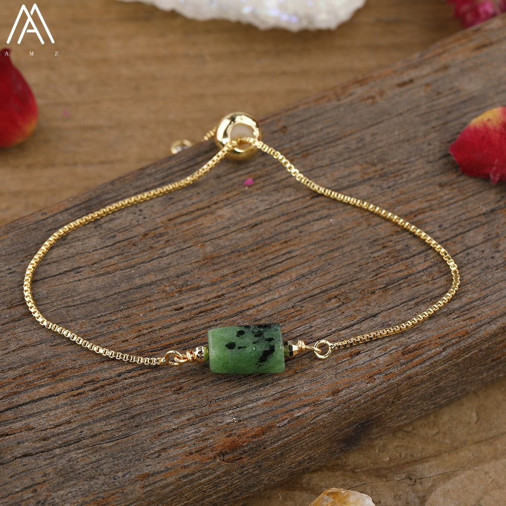 Natural Smooth Gemstone With Gold Chains Bracelet