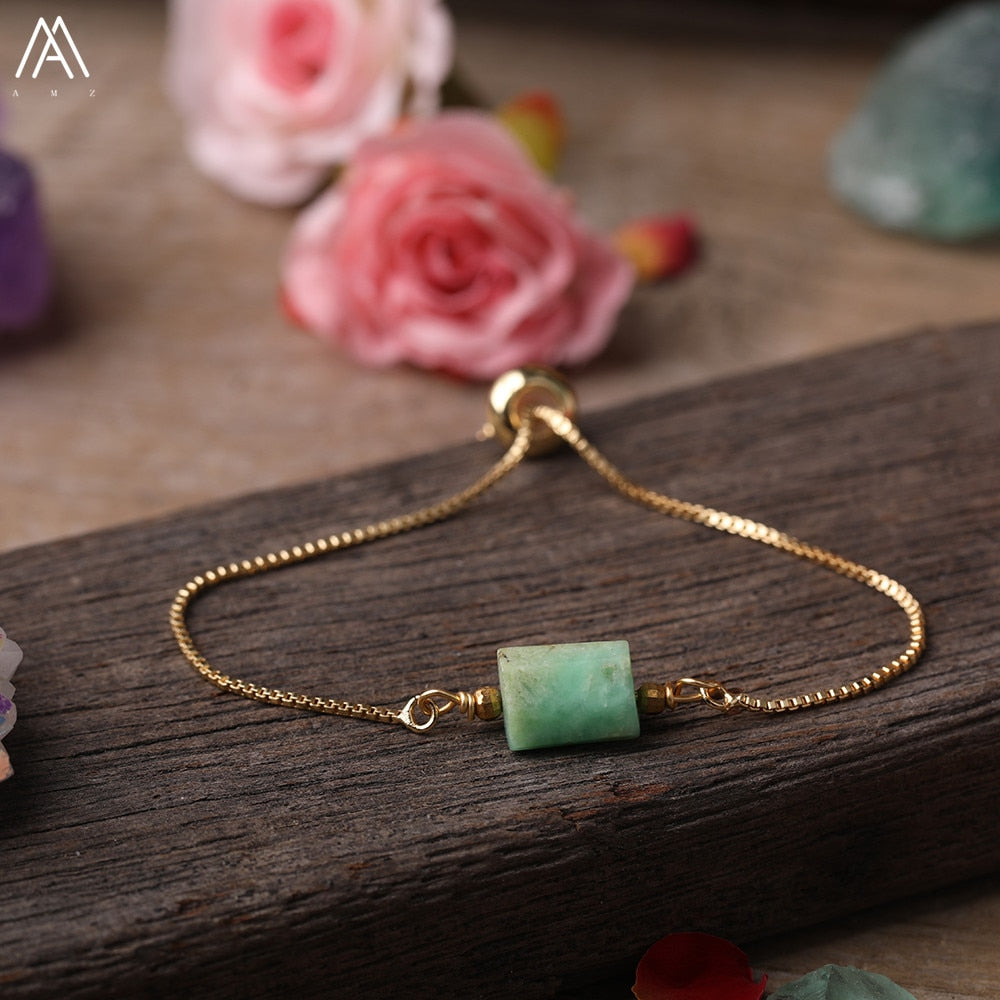 Natural Smooth Gemstone With Gold Chains Bracelet