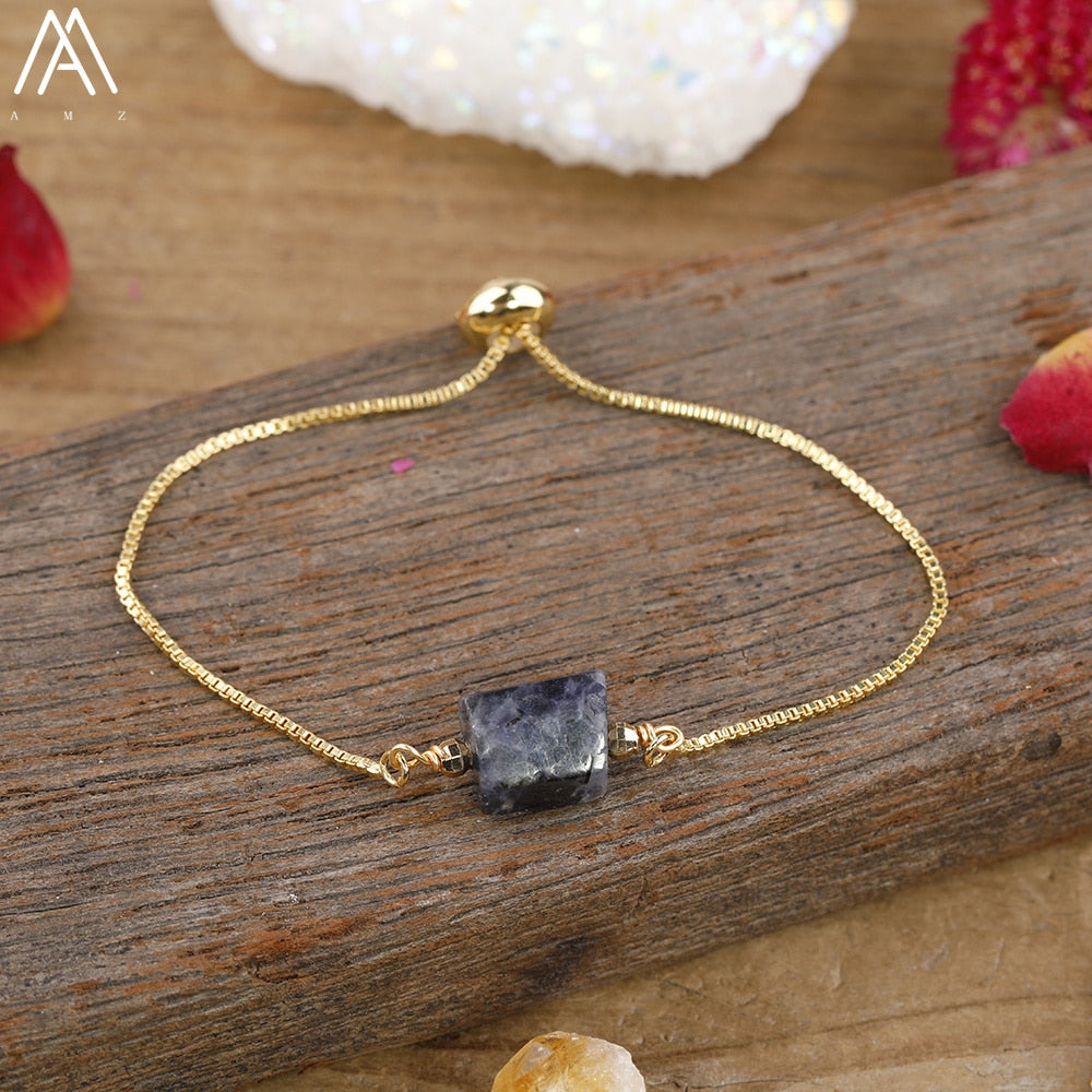 Natural Smooth Gemstone With Gold Chains Bracelet