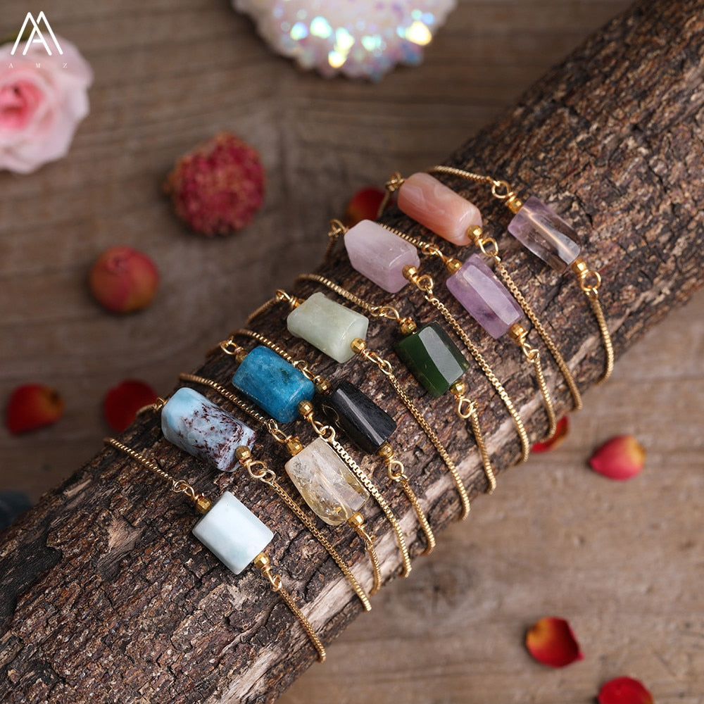 Natural Smooth Gemstone With Gold Chains Bracelet