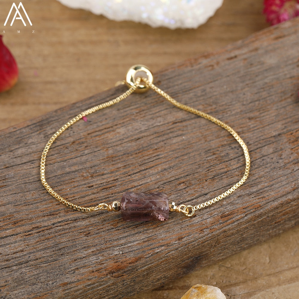Natural Smooth Gemstone With Gold Chains Bracelet