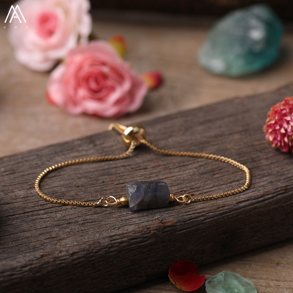Natural Smooth Gemstone With Gold Chains Bracelet
