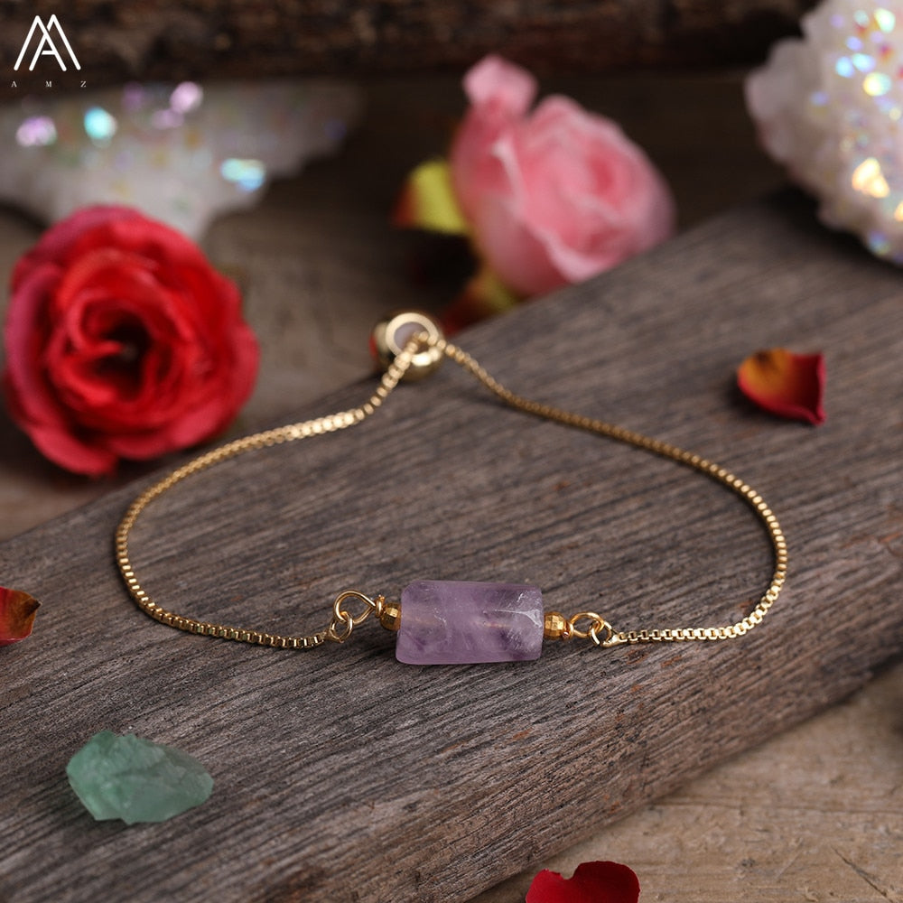 Natural Smooth Gemstone With Gold Chains Bracelet