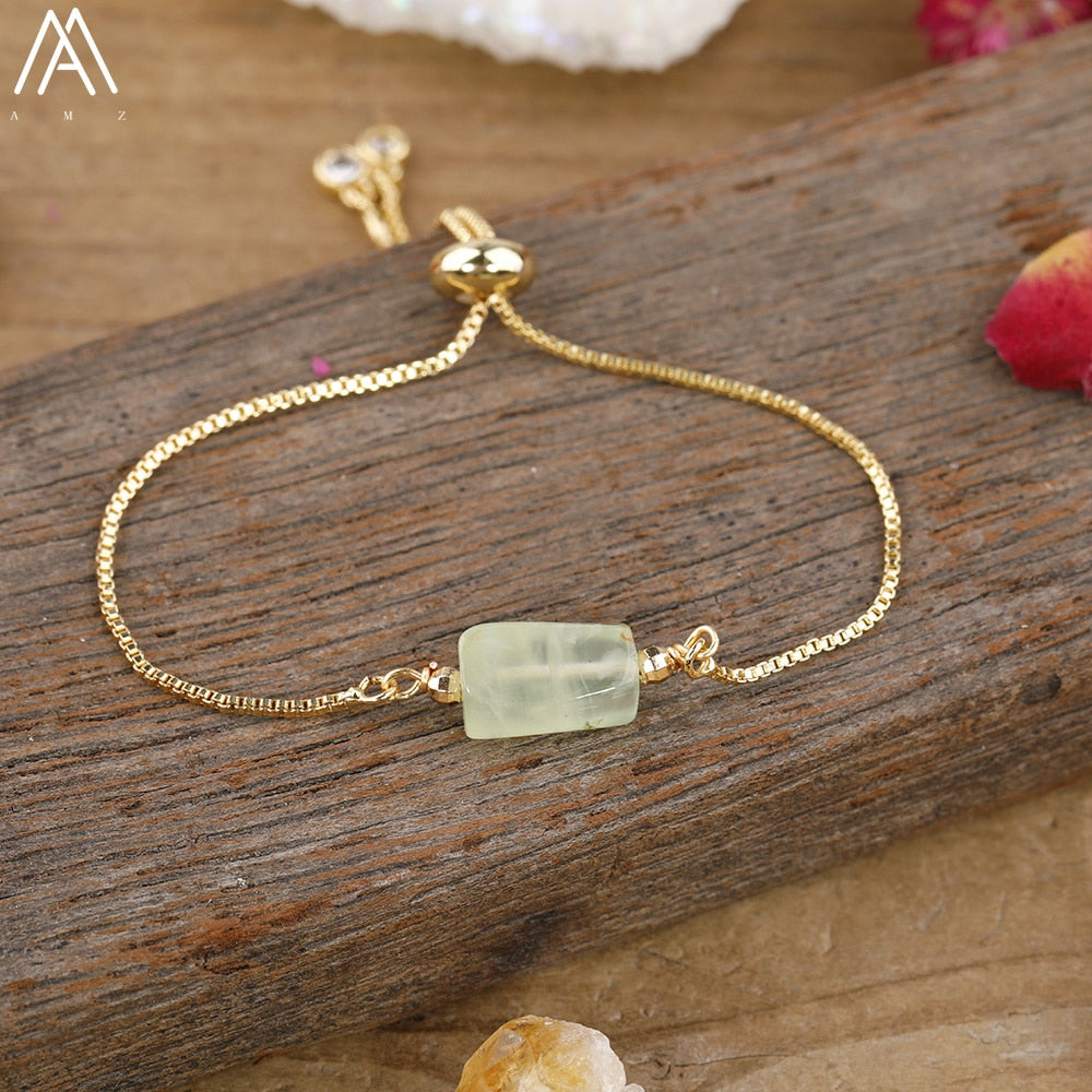 Natural Smooth Gemstone With Gold Chains Bracelet