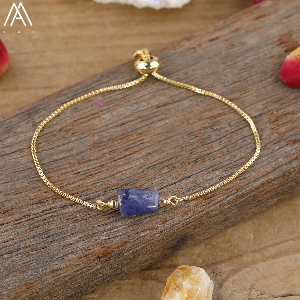 Natural Smooth Gemstone With Gold Chains Bracelet