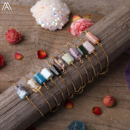 Natural Smooth Gemstone With Gold Chains Bracelet